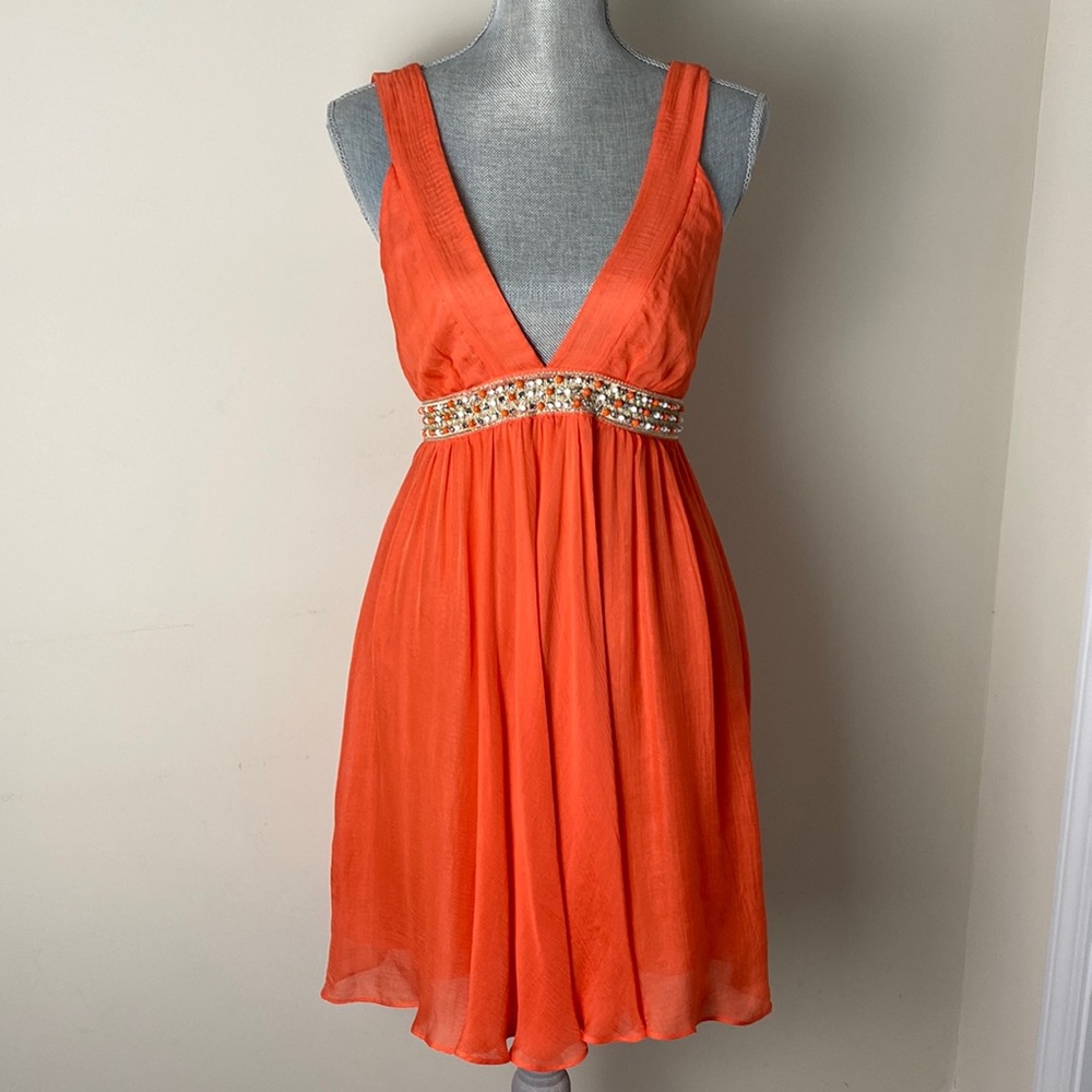 Milly Exaggerated Neckline Embellished Empire Waist 100% Silk Mini Dress Size 4